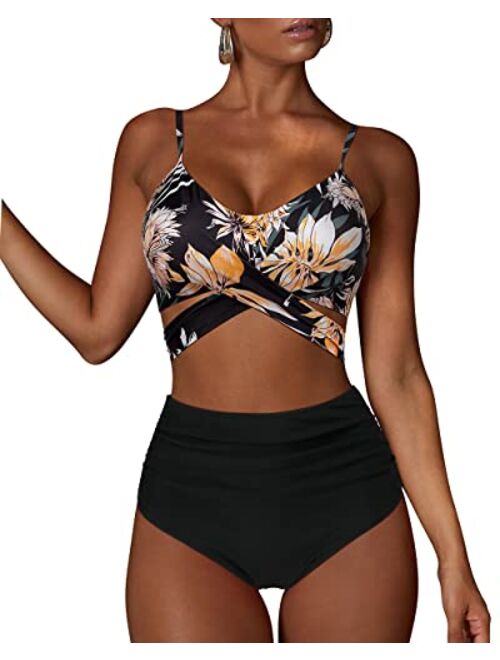 MOOSLOVER Women Leopard High Waisted Bikini Criss Cross Push Up Two Piece Swimsuits