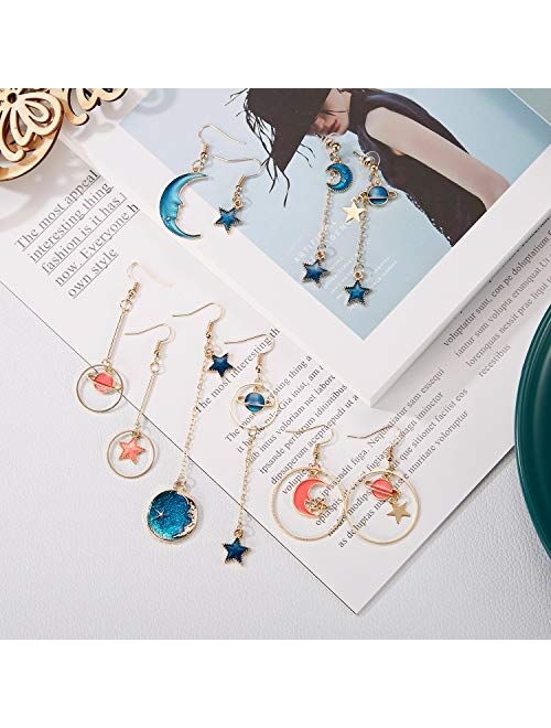 Hicarer 9 Pairs Star Moon Earrings Earth Moon Earrings Sun Moon Earrings Asymmetric Earrings Bohemia Moon Earrings for Girls Women