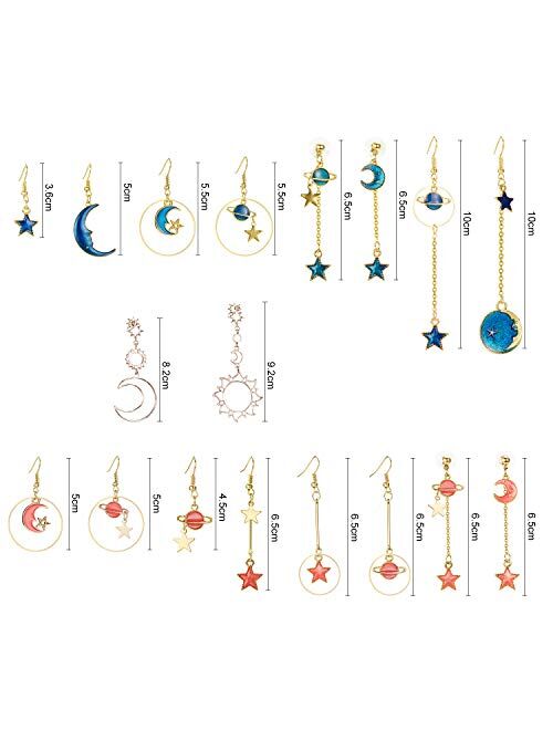 Hicarer 9 Pairs Star Moon Earrings Earth Moon Earrings Sun Moon Earrings Asymmetric Earrings Bohemia Moon Earrings for Girls Women