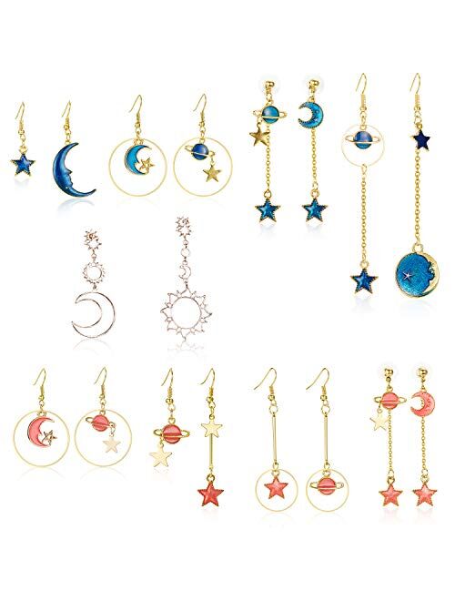 Hicarer 9 Pairs Star Moon Earrings Earth Moon Earrings Sun Moon Earrings Asymmetric Earrings Bohemia Moon Earrings for Girls Women