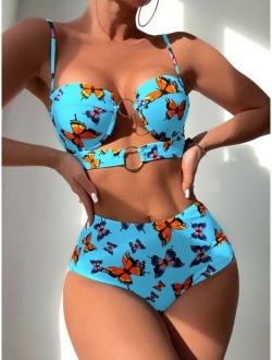 Butterfly Print Ring Linked Push Up Bikini Swimsuit