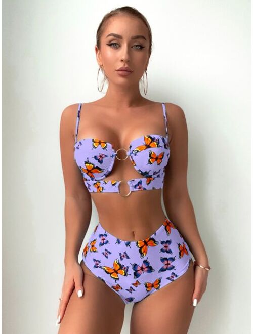 Shein Butterfly Print Ring Linked Push Up Bikini Swimsuit