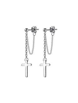 Dtja Cross Dangle Drop Earrings 925 Sterling Silver Chain Dropping for Women Men Punk Ball Studs Hypoallergenic Jewelry