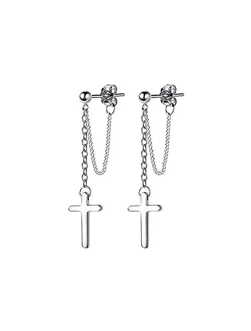 Dtja Cross Dangle Drop Earrings 925 Sterling Silver Chain Dropping for Women Men Punk Ball Studs Hypoallergenic Jewelry