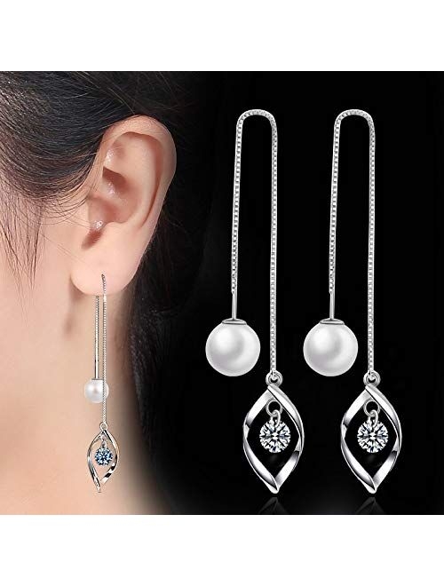 MSECVOI Elegant 925 Sterling Silver Threader Tassel Earrings Pearl Ball Drop Long Chain Earrings Wedding for Women and Girls