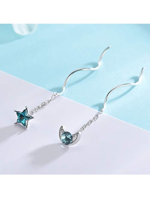 SLUYNZ 925 Sterling Silver Blue Crystal Star Moon Dangle Earrings for Women Teen Girls Star Moon Tassel Earrings Chain