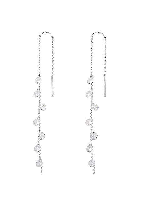 Msecvoi 925 Sterling Silver Tassel Drop Earrings Long CZ Droplet Dangle Threader Earrings for Women