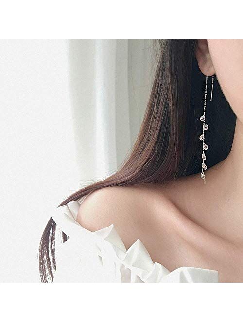 Msecvoi 925 Sterling Silver Tassel Drop Earrings Long CZ Droplet Dangle Threader Earrings for Women