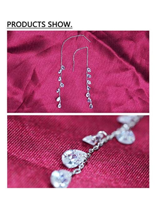 Msecvoi 925 Sterling Silver Tassel Drop Earrings Long CZ Droplet Dangle Threader Earrings for Women