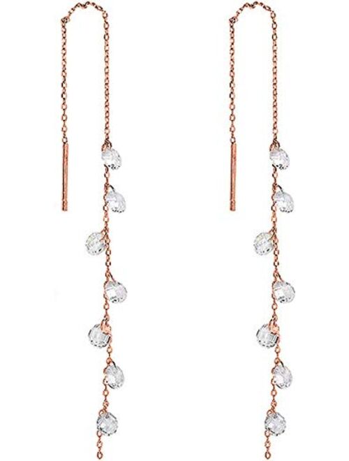 Msecvoi 925 Sterling Silver Tassel Drop Earrings Long CZ Droplet Dangle Threader Earrings for Women