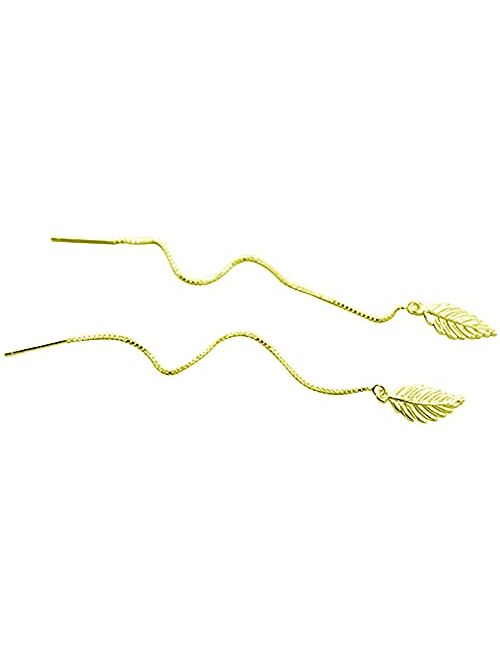 Msecvoi Boho Minimalist Long Thin Linear 925 Sterling Silver Leaves Dangle Earrings Chain for Women Elegant Threader Earrings