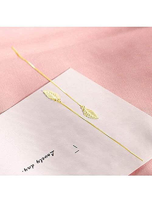 Msecvoi Boho Minimalist Long Thin Linear 925 Sterling Silver Leaves Dangle Earrings Chain for Women Elegant Threader Earrings