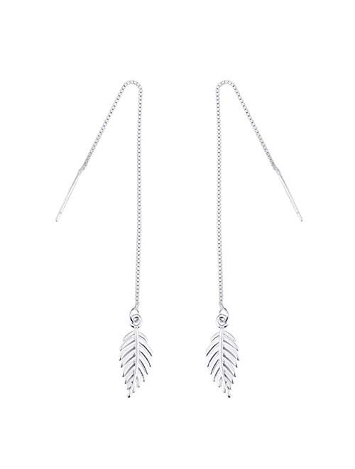 Msecvoi Boho Minimalist Long Thin Linear 925 Sterling Silver Leaves Dangle Earrings Chain for Women Elegant Threader Earrings