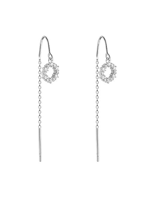 Korean Tiny Small Circle Geometric Long Tassel Dangle Drop Chain Threader Earrings for Women Teen Girls - 925 Silver, Cubic Zirconia, Safe for Sensitive Ears, Lightweight