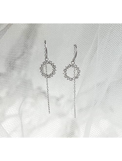 Korean Tiny Small Circle Geometric Long Tassel Dangle Drop Chain Threader Earrings for Women Teen Girls - 925 Silver, Cubic Zirconia, Safe for Sensitive Ears, Lightweight