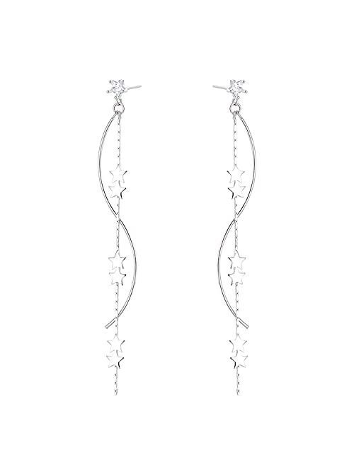 SLUYNZ 925 Sterling Silver Star Dangle Earrings Chain for Women Teen Girls Curve Dangle Earrings Wave Long Star Earrings Tassel