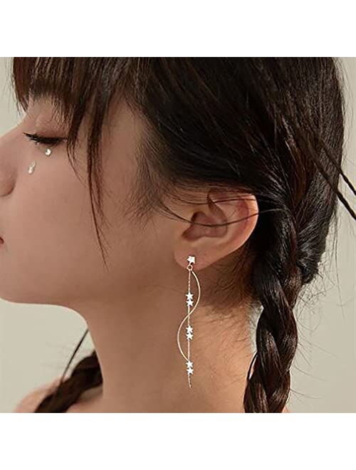 SLUYNZ 925 Sterling Silver Star Dangle Earrings Chain for Women Teen Girls Curve Dangle Earrings Wave Long Star Earrings Tassel