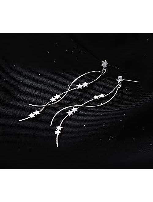 SLUYNZ 925 Sterling Silver Star Dangle Earrings Chain for Women Teen Girls Curve Dangle Earrings Wave Long Star Earrings Tassel