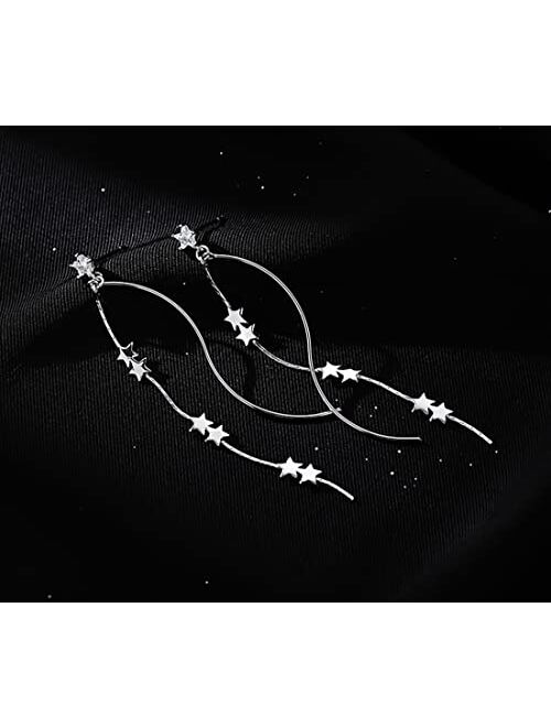 SLUYNZ 925 Sterling Silver Star Dangle Earrings Chain for Women Teen Girls Curve Dangle Earrings Wave Long Star Earrings Tassel