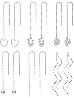 Subiceto 6 Pairs Stainless Steel Threader Chain Earrings for Women Lightweight Long Tassel Wave Leaves Curve Ear Cuffs Dangle Drop Minimalist Earrings Set