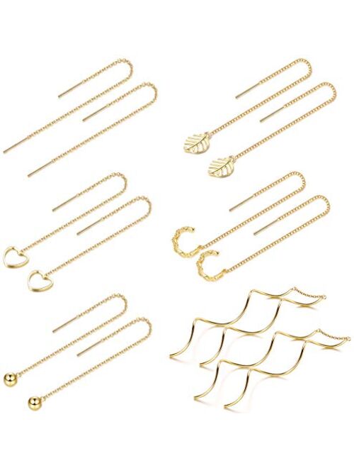 Subiceto 6 Pairs Stainless Steel Threader Chain Earrings for Women Lightweight Long Tassel Wave Leaves Curve Ear Cuffs Dangle Drop Minimalist Earrings Set