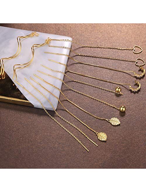 Subiceto 6 Pairs Stainless Steel Threader Chain Earrings for Women Lightweight Long Tassel Wave Leaves Curve Ear Cuffs Dangle Drop Minimalist Earrings Set