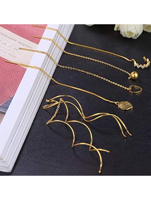 Subiceto 6 Pairs Stainless Steel Threader Chain Earrings for Women Lightweight Long Tassel Wave Leaves Curve Ear Cuffs Dangle Drop Minimalist Earrings Set