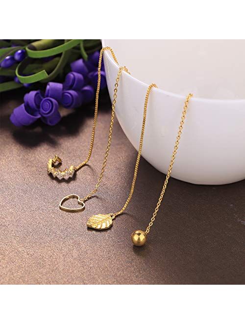 Subiceto 6 Pairs Stainless Steel Threader Chain Earrings for Women Lightweight Long Tassel Wave Leaves Curve Ear Cuffs Dangle Drop Minimalist Earrings Set