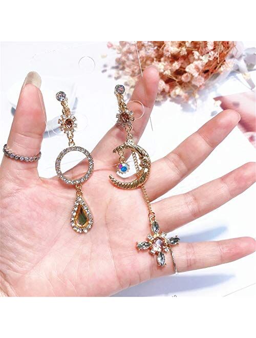 Just Follow GIMEFIVE Asymmetrical Vintage Opal Sun and Moon Planet Earrings Bohemian Tassel Design Drop Earring with Clear Crystal for Woman Girls (Gold)