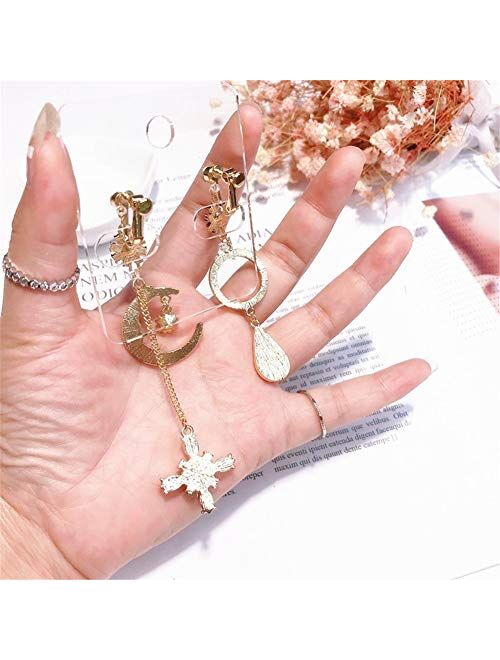 Just Follow GIMEFIVE Asymmetrical Vintage Opal Sun and Moon Planet Earrings Bohemian Tassel Design Drop Earring with Clear Crystal for Woman Girls (Gold)