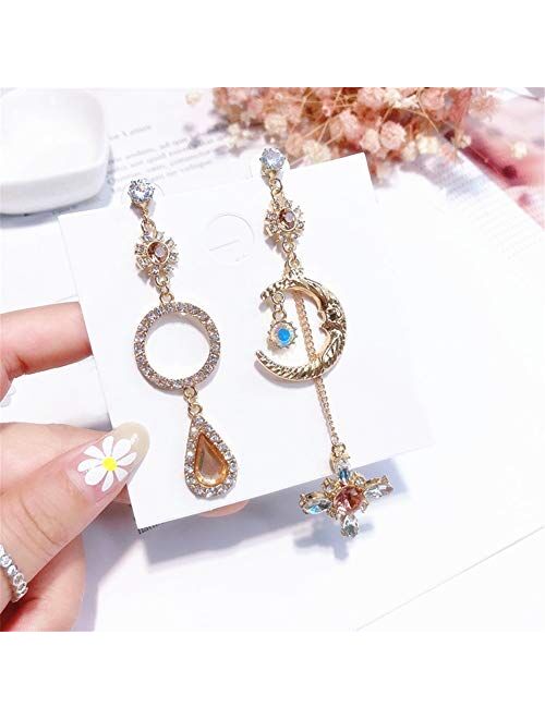 Just Follow GIMEFIVE Asymmetrical Vintage Opal Sun and Moon Planet Earrings Bohemian Tassel Design Drop Earring with Clear Crystal for Woman Girls (Gold)