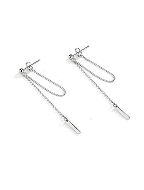 Amkaka Bar Dangle Earrings With Chain for Women Minimalist 925 Sterling Silver Stud Earrings