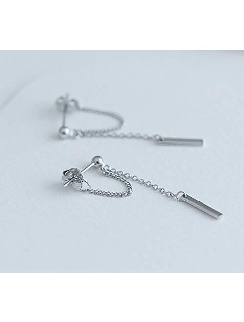 Amkaka Bar Dangle Earrings With Chain for Women Minimalist 925 Sterling Silver Stud Earrings