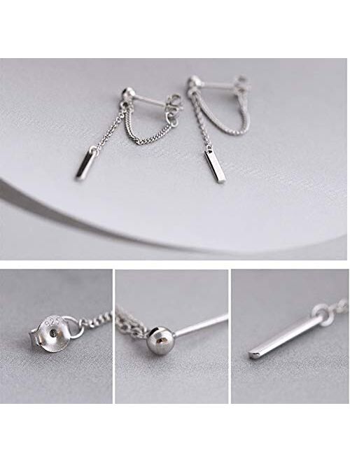 Amkaka Bar Dangle Earrings With Chain for Women Minimalist 925 Sterling Silver Stud Earrings