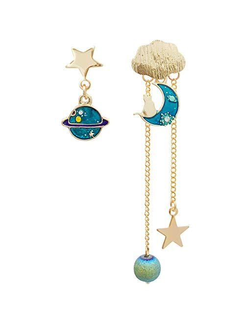 Furongwang Original Cloud Moon Planet Star Creative Long tassels Dangle Earrings 18K Gold Plated Asymmetrical AB Earrings For Women Girls