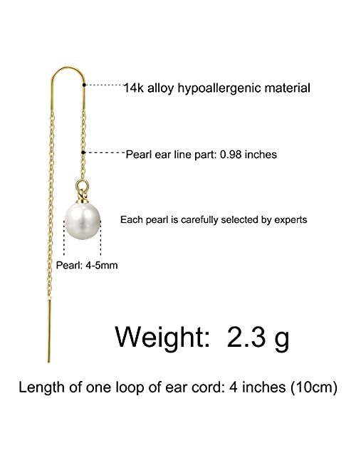 Cowlyn Pearl Tassel Threader Earrings 925 Sterling Silver Long Drop Dangle Ear Line Eardrop Piercing Hypoallergenic Jewelry for Women Girls