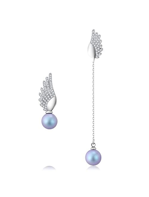 Richapex Pearl Drop Dangle Earrings Angel Wings 925 Sterling Silver Frosted Crystal Earring Asymmetrical Studs for Women Girls