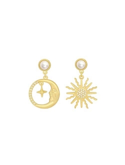 Myanail Sun Moon Asymmetric Imitation Pearl Earrings, Gold Annulus Pendant Earrings Drop Earrings