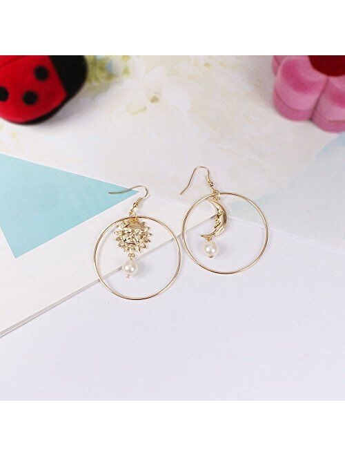 Myanail Sun Moon Asymmetric Imitation Pearl Earrings, Gold Annulus Pendant Earrings Drop Earrings