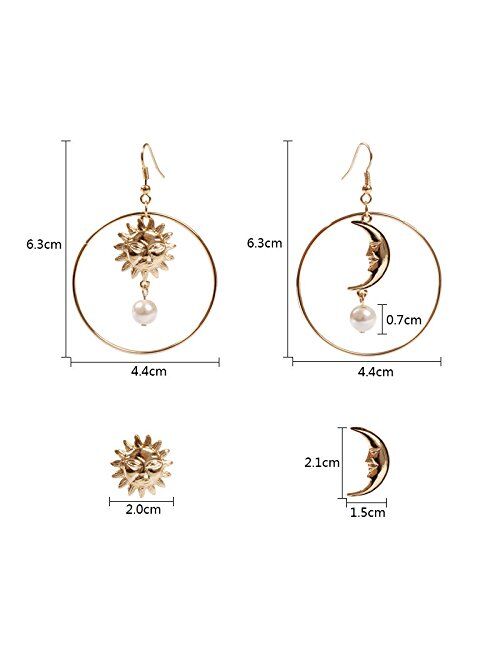 Myanail Sun Moon Asymmetric Imitation Pearl Earrings, Gold Annulus Pendant Earrings Drop Earrings