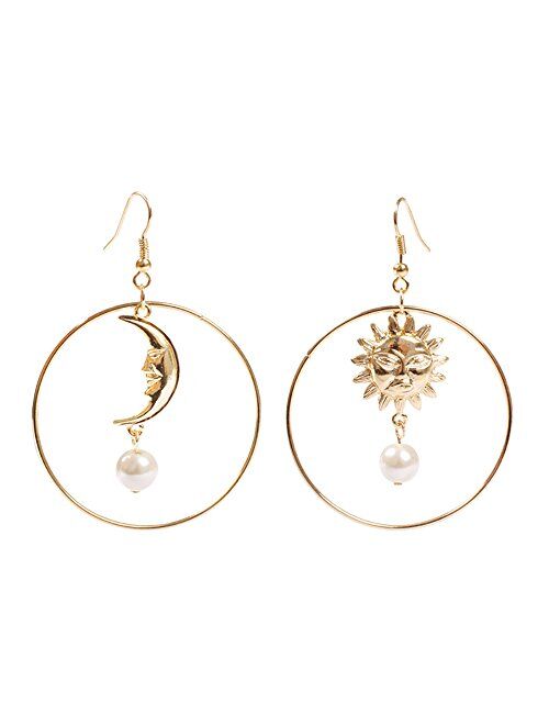 Myanail Sun Moon Asymmetric Imitation Pearl Earrings, Gold Annulus Pendant Earrings Drop Earrings