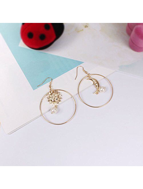 Myanail Sun Moon Asymmetric Imitation Pearl Earrings, Gold Annulus Pendant Earrings Drop Earrings