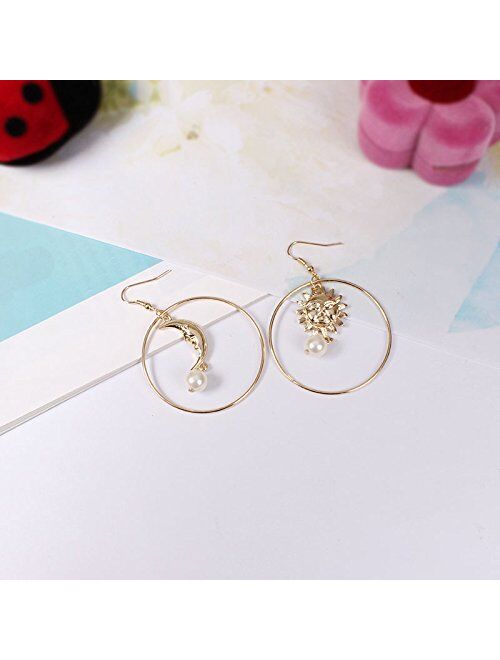 Myanail Sun Moon Asymmetric Imitation Pearl Earrings, Gold Annulus Pendant Earrings Drop Earrings