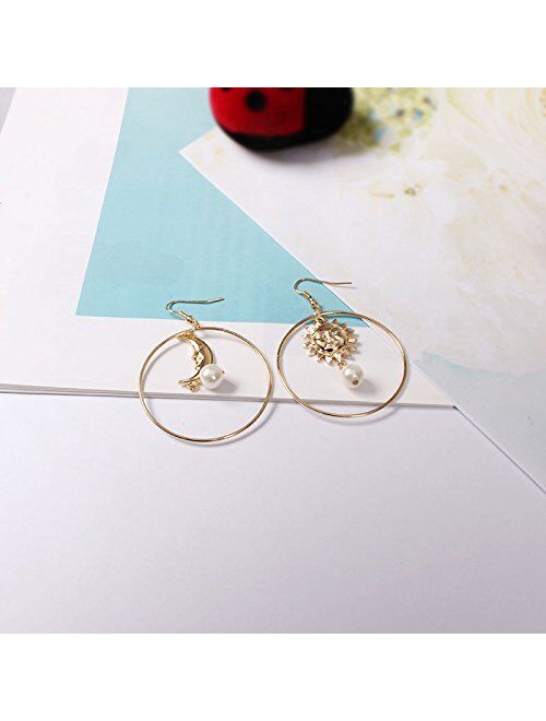 Myanail Sun Moon Asymmetric Imitation Pearl Earrings, Gold Annulus Pendant Earrings Drop Earrings