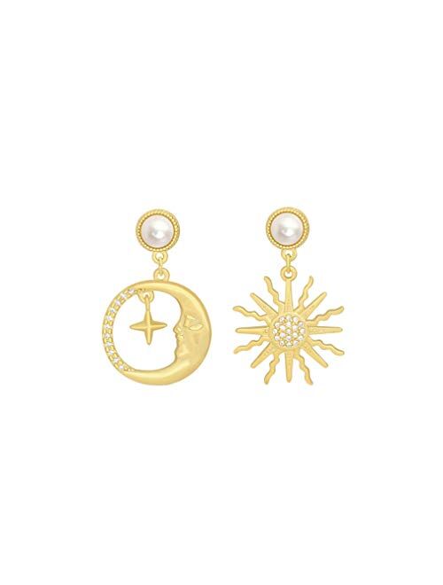 Myanail Sun Moon Asymmetric Imitation Pearl Earrings, Gold Annulus Pendant Earrings Drop Earrings