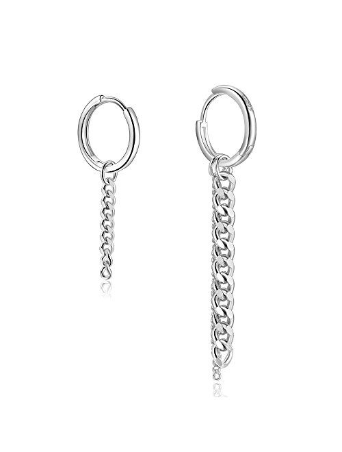 Silbertale Asymmetrical Dangle Hoop Earrings 925 Sterling Silver 10mm Small Huggie hoop Circle Chain Korean Kpop Hinged Hoop Earrings