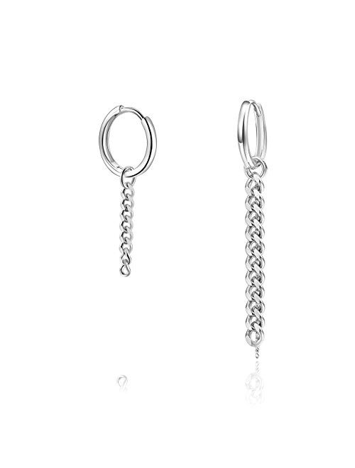 Silbertale Asymmetrical Dangle Hoop Earrings 925 Sterling Silver 10mm Small Huggie hoop Circle Chain Korean Kpop Hinged Hoop Earrings