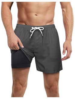 LUCOWEE Mens Swim Trunks with Compression Liner Anti Chafe no Mesh Net Comfort Boxer Brief Lined 5/7 inch Inseam Bathing Suit