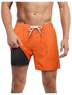 LUCOWEE Mens Swim Trunks with Compression Liner Anti Chafe no Mesh Net Comfort Boxer Brief Lined 5/7 inch Inseam Bathing Suit