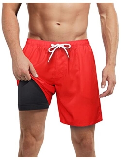 LUCOWEE Mens Swim Trunks with Compression Liner Anti Chafe no Mesh Net Comfort Boxer Brief Lined 5/7 inch Inseam Bathing Suit